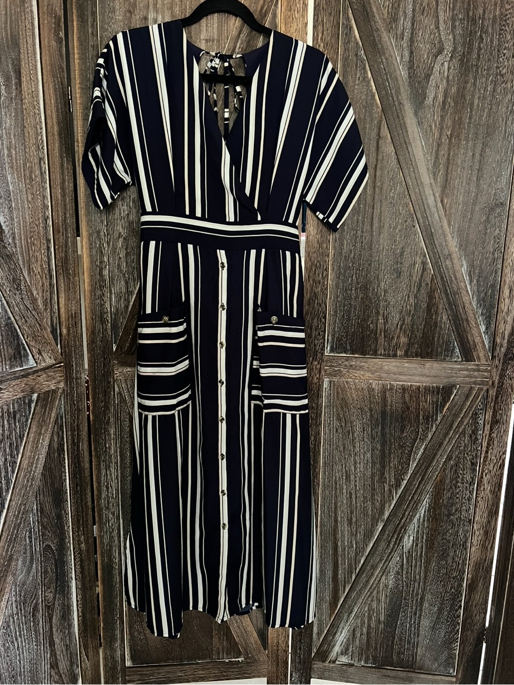 Navy and White Striped Button-Front Midi Dress